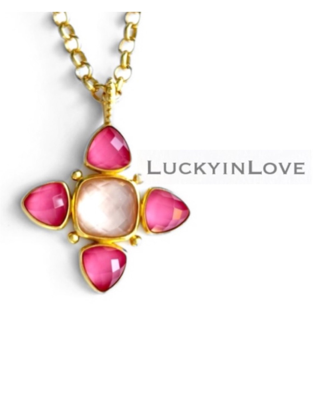 JULIE VOS Aquitaine Cross Pendant Necklace Iridescent Peony Pink & Peach Ice